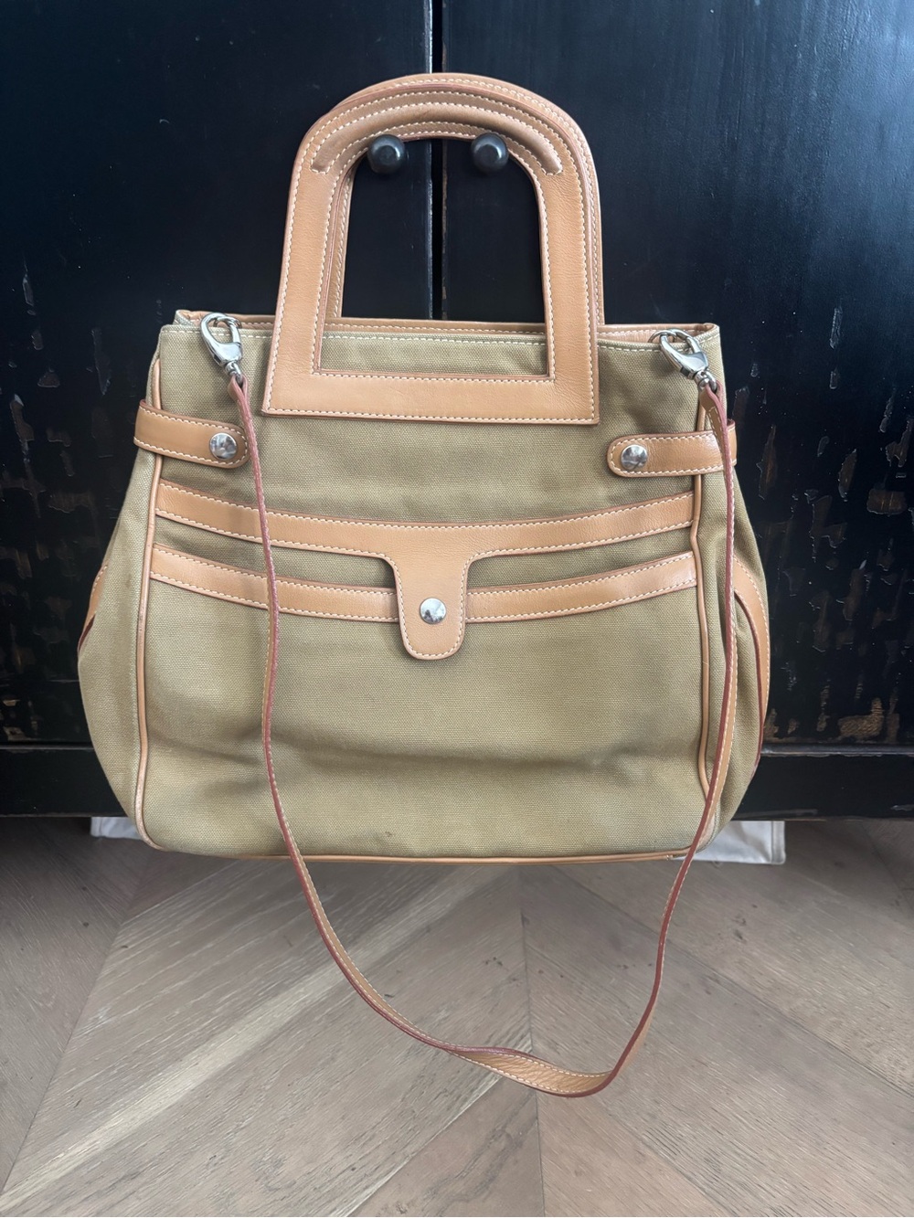 Barney’s New York Olive Green Canvas & Tan Leather Satchel Tote Shoulder Bag